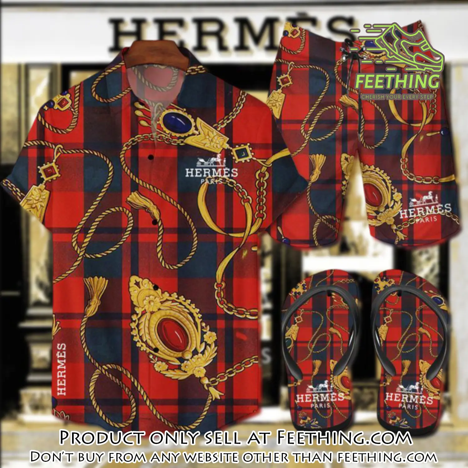 Hermes flip flops and combo hawaii shirt shorts luxury brand summer outfit hsf081 ft4945066